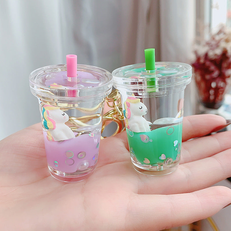 Glitter Quicksand Key Chain Liquid Floating Unicorn Keyring Keychain Bag Charm Milk Tea Cup Pendant Keyfob Gift for Women