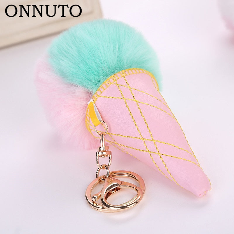 Ice Cream Keychain PU Leather Bag Key Chain Double Color Fur Ball Keychain Ice Cream Shaped Cute Car Key Chain Handbag Keyring