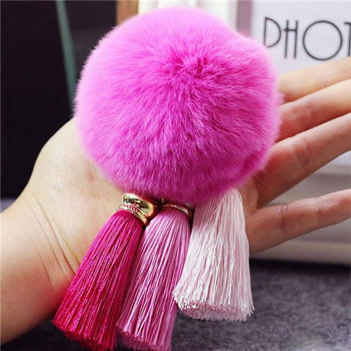 Fashion Women Faux Rabbit Fur Cony Hair Ball Pompom Charm Thrice Tassel Keychain Handbag Key Ring Pendant