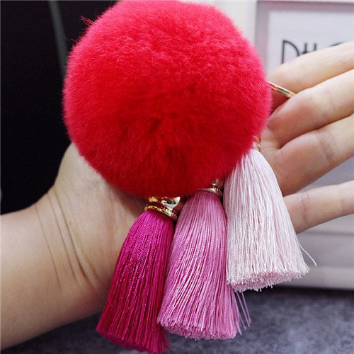 Fashion Women Faux Rabbit Fur Cony Hair Ball Pompom Charm Thrice Tassel Keychain Handbag Key Ring Pendant