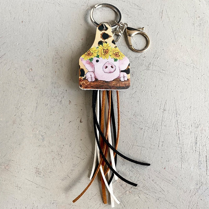 Western Style Leather Keychain Sun Flower Leopard Pattern Cow Brand Leather Tassel Handmade Popular Jewelry