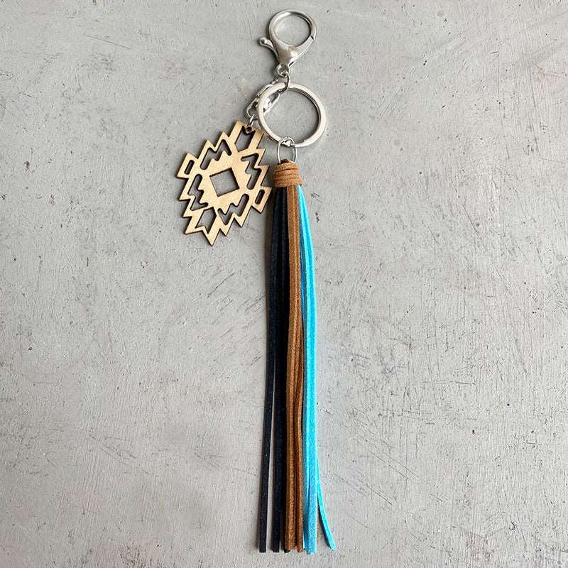 European And American Pendants Aztec Horseshoe Denim Wood Keychain Retro Made Old Leather Tassel Pendants