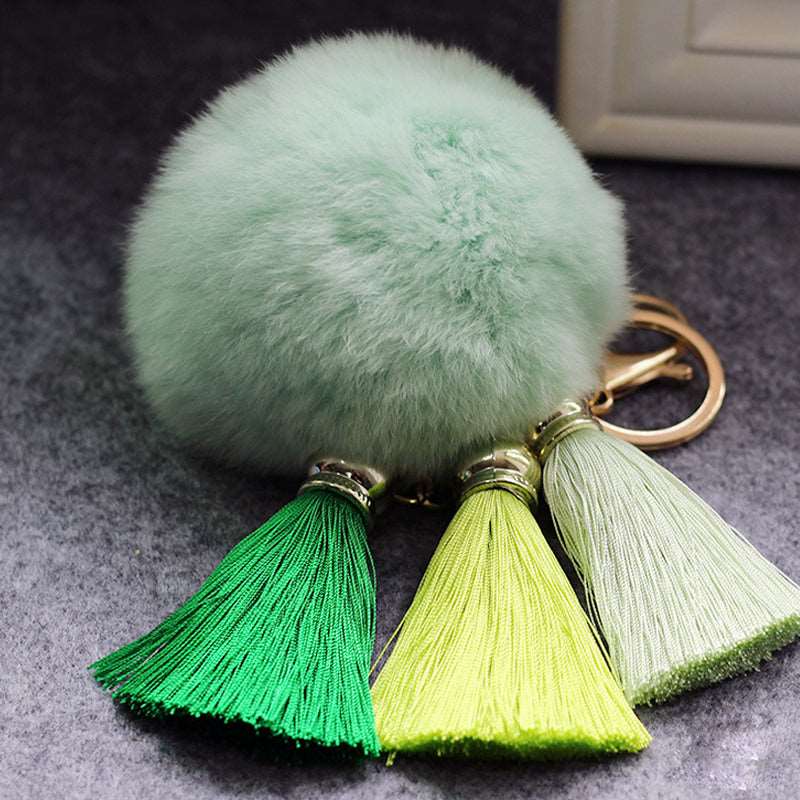 Fashion Women Faux Rabbit Fur Cony Hair Ball Pompom Charm Thrice Tassel Keychain Handbag Key Ring Pendant