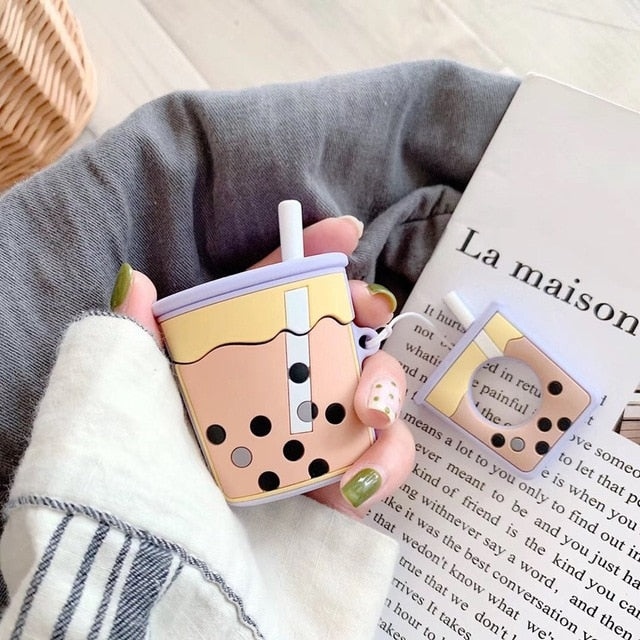 For AirPods Case Cartoon Cute Funny Milk Bubble Tea Drink Bottle Earphone Protect Cover For Airpods 2 with Finger Ring Strap