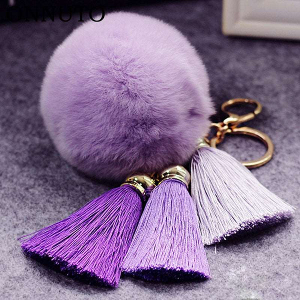 Fashion Women Faux Rabbit Fur Cony Hair Ball Pompom Charm Thrice Tassel Keychain Handbag Key Ring Pendant