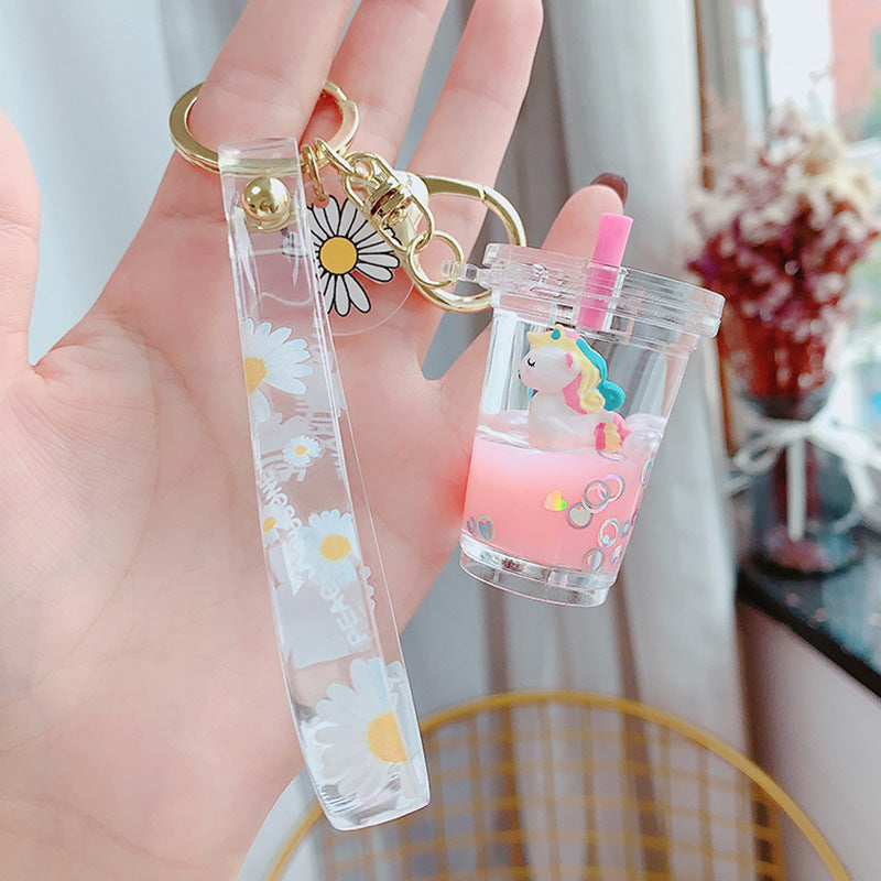 Glitter Quicksand Key Chain Liquid Floating Unicorn Keyring Keychain Bag Charm Milk Tea Cup Pendant Keyfob Gift for Women
