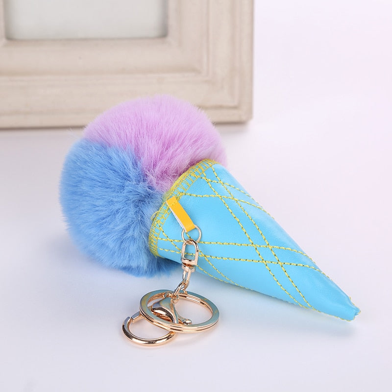 Ice Cream Keychain PU Leather Bag Key Chain Double Color Fur Ball Keychain Ice Cream Shaped Cute Car Key Chain Handbag Keyring