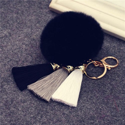 Fashion Women Faux Rabbit Fur Cony Hair Ball Pompom Charm Thrice Tassel Keychain Handbag Key Ring Pendant