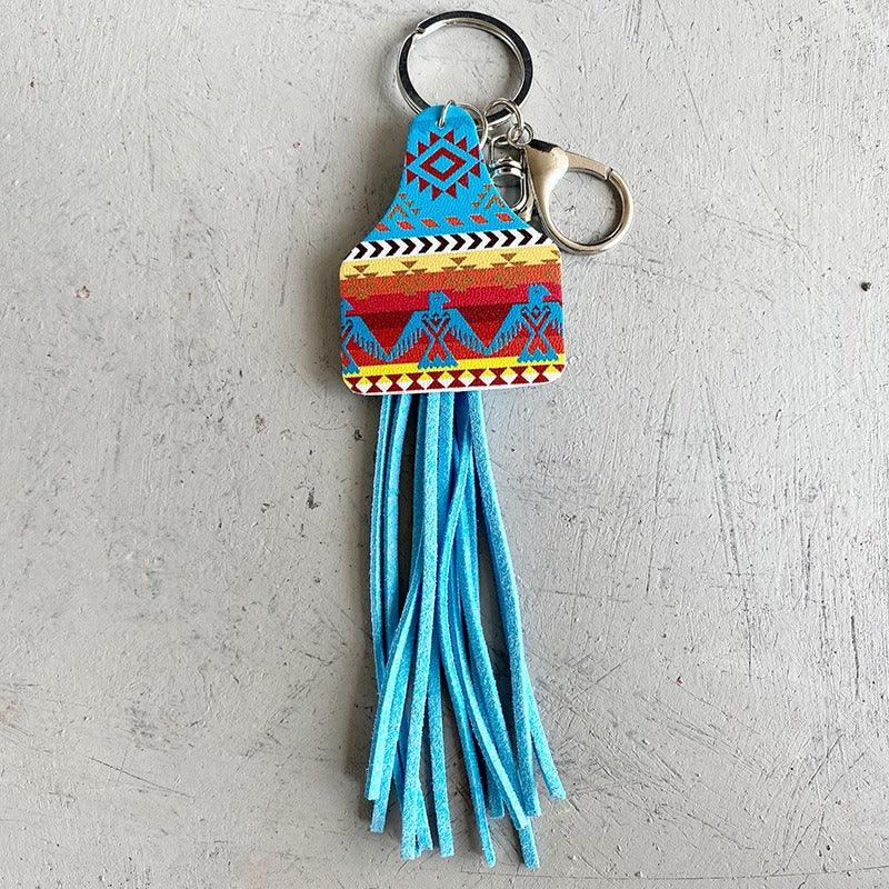 Western Style Leather Keychain Sun Flower Leopard Pattern Cow Brand Leather Tassel Handmade Popular Jewelry