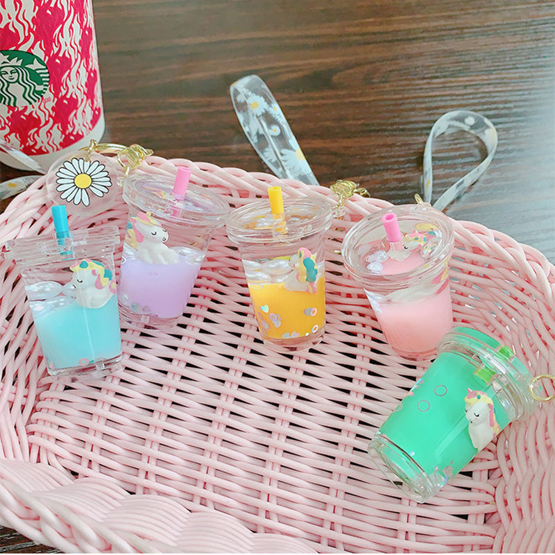 Glitter Quicksand Key Chain Liquid Floating Unicorn Keyring Keychain Bag Charm Milk Tea Cup Pendant Keyfob Gift for Women