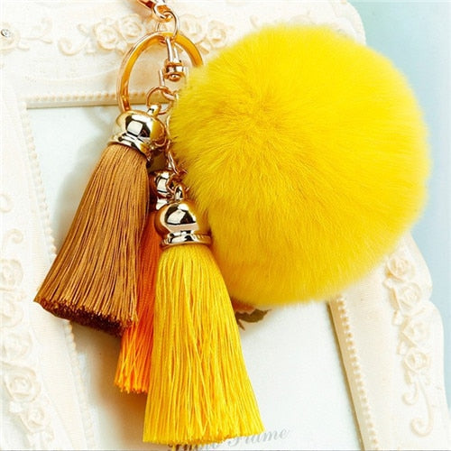 Fashion Women Faux Rabbit Fur Cony Hair Ball Pompom Charm Thrice Tassel Keychain Handbag Key Ring Pendant