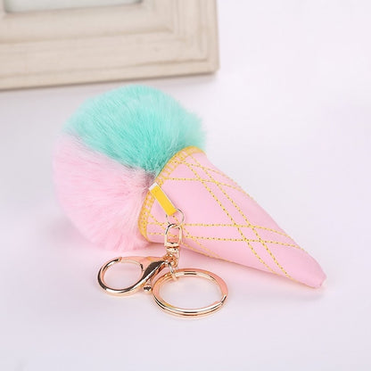 Ice Cream Keychain PU Leather Bag Key Chain Double Color Fur Ball Keychain Ice Cream Shaped Cute Car Key Chain Handbag Keyring