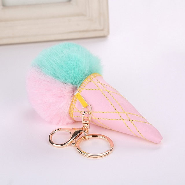 Ice Cream Keychain PU Leather Bag Key Chain Double Color Fur Ball Keychain Ice Cream Shaped Cute Car Key Chain Handbag Keyring