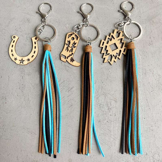 European And American Pendants Aztec Horseshoe Denim Wood Keychain Retro Made Old Leather Tassel Pendants