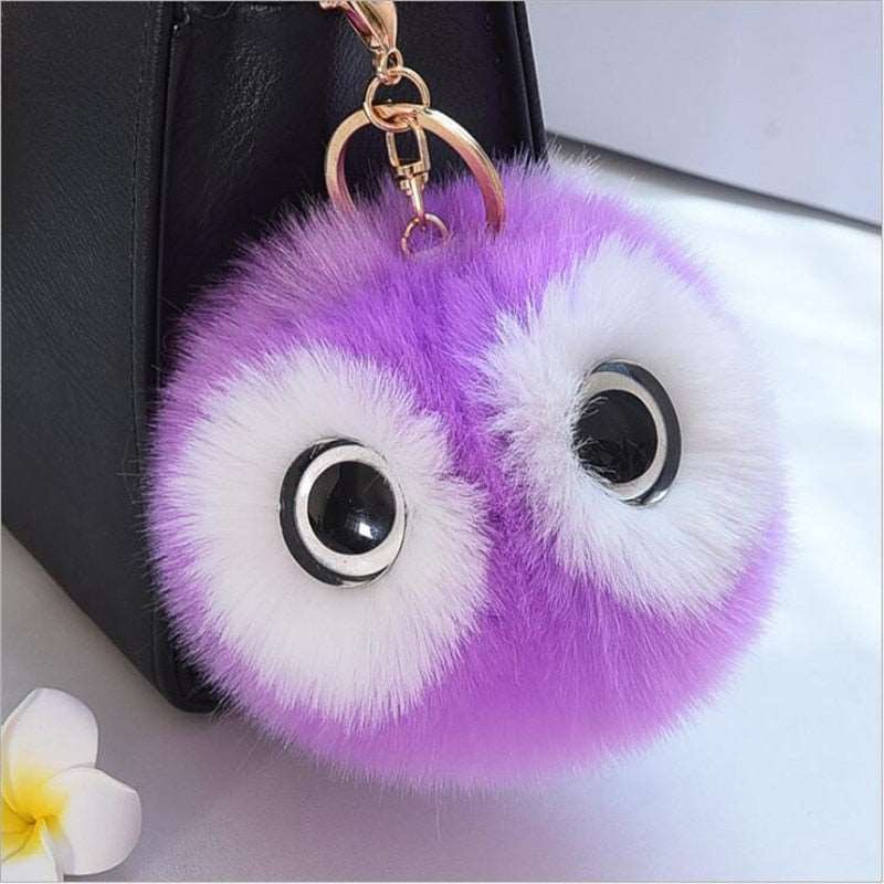 13CM Big Eyes Fluffy Rabbit Fur Ball Key Chain Cute Cartoon Panda Pompom Keychain Women Car Bag Keycover Owl Key Rings