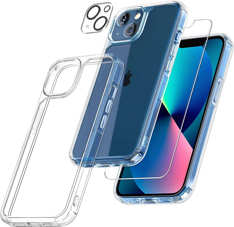 Defender Designed for iPhone 12 /12 Pro / 12 Pro Max/ 12 Mini / 13 / 13 Pro Max / 13 Pro / 13 Mini / 14 / 14 Pro Max / 14 Pro / 14 Plus Case Clear with 2X Tempered Glass Screen Protector + 2X Camera Lens Protector
