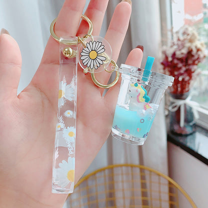 Glitter Quicksand Key Chain Liquid Floating Unicorn Keyring Keychain Bag Charm Milk Tea Cup Pendant Keyfob Gift for Women