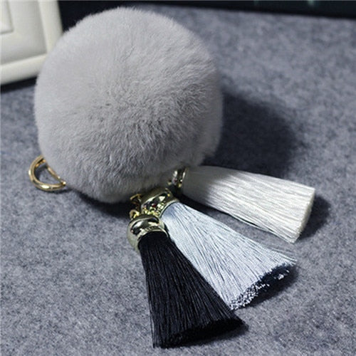 Fashion Women Faux Rabbit Fur Cony Hair Ball Pompom Charm Thrice Tassel Keychain Handbag Key Ring Pendant