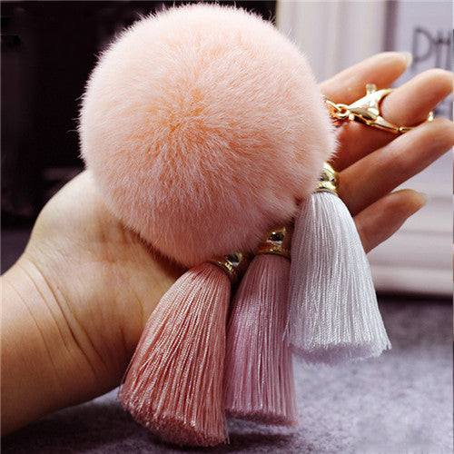 Fashion Women Faux Rabbit Fur Cony Hair Ball Pompom Charm Thrice Tassel Keychain Handbag Key Ring Pendant