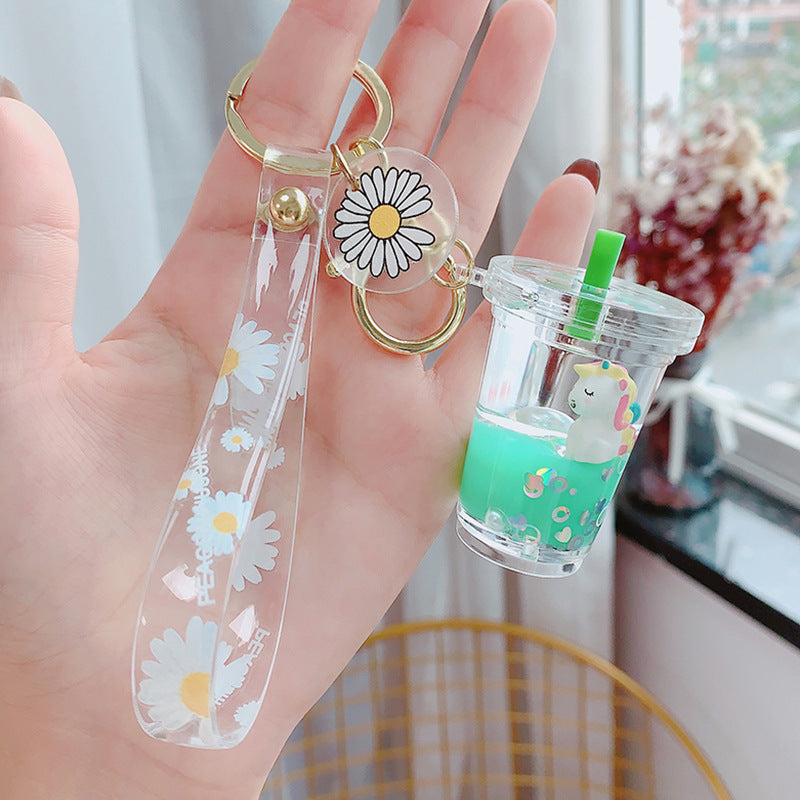 Glitter Quicksand Key Chain Liquid Floating Unicorn Keyring Keychain Bag Charm Milk Tea Cup Pendant Keyfob Gift for Women