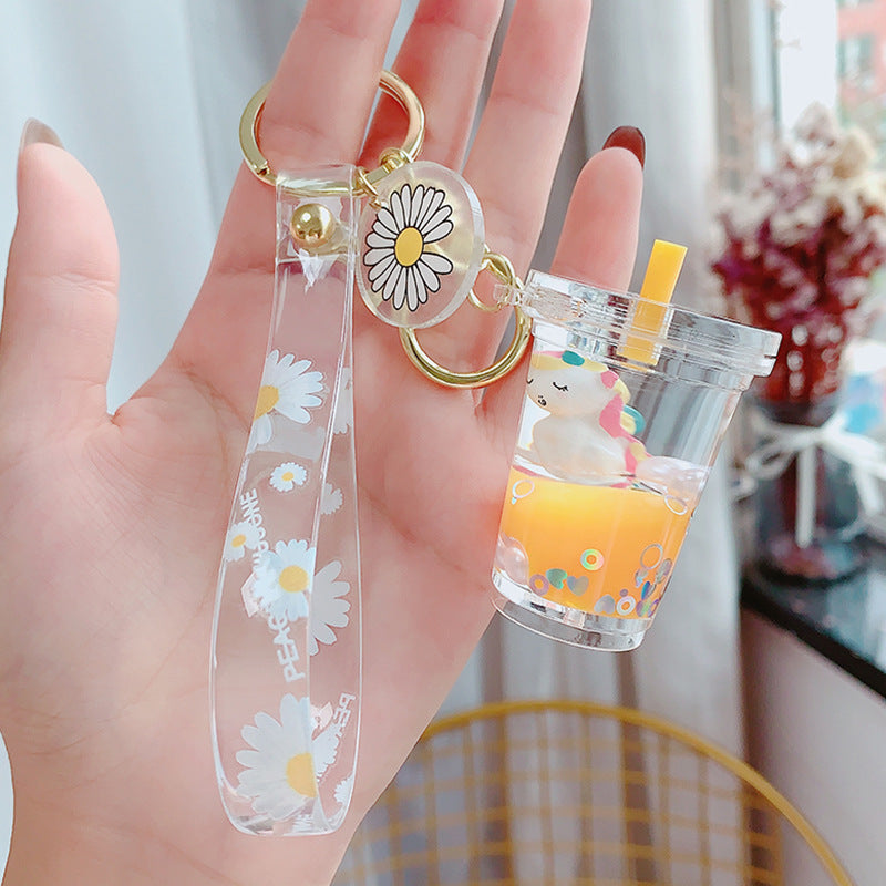 Glitter Quicksand Key Chain Liquid Floating Unicorn Keyring Keychain Bag Charm Milk Tea Cup Pendant Keyfob Gift for Women