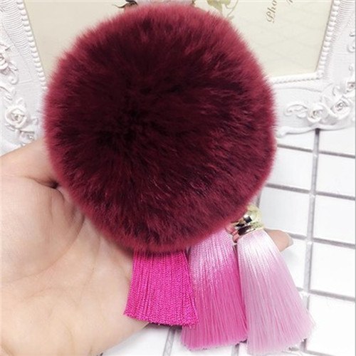 Fashion Women Faux Rabbit Fur Cony Hair Ball Pompom Charm Thrice Tassel Keychain Handbag Key Ring Pendant