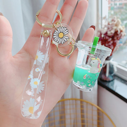 Glitter Quicksand Key Chain Liquid Floating Unicorn Keyring Keychain Bag Charm Milk Tea Cup Pendant Keyfob Gift for Women