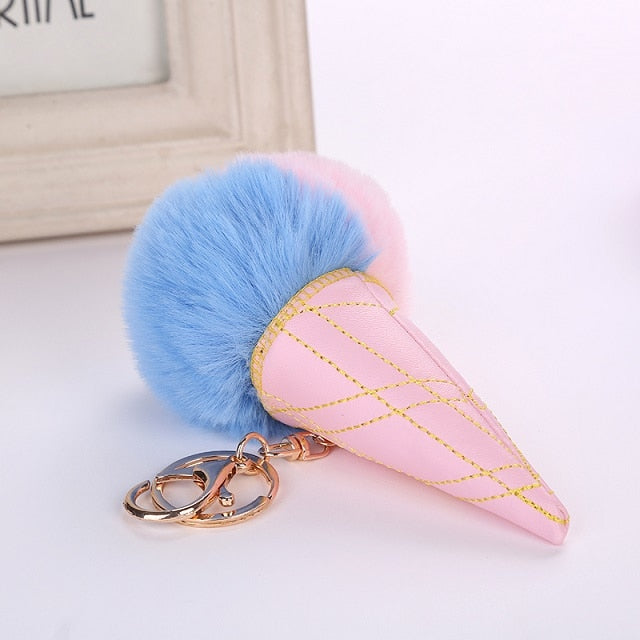 Ice Cream Keychain PU Leather Bag Key Chain Double Color Fur Ball Keychain Ice Cream Shaped Cute Car Key Chain Handbag Keyring