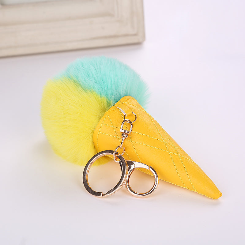 Ice Cream Keychain PU Leather Bag Key Chain Double Color Fur Ball Keychain Ice Cream Shaped Cute Car Key Chain Handbag Keyring