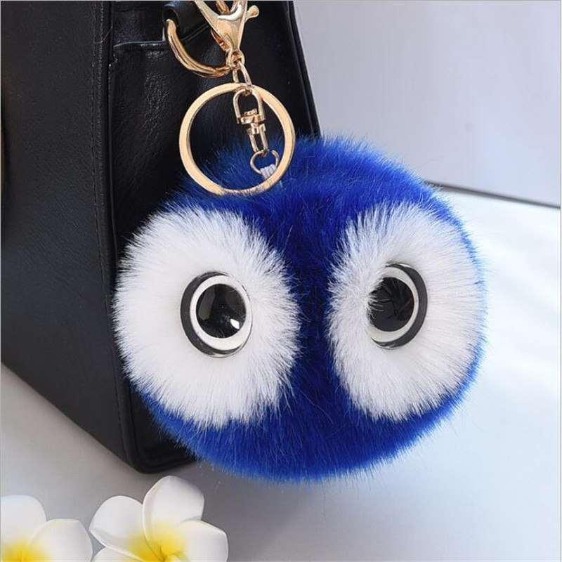 13CM Big Eyes Fluffy Rabbit Fur Ball Key Chain Cute Cartoon Panda Pompom Keychain Women Car Bag Keycover Owl Key Rings