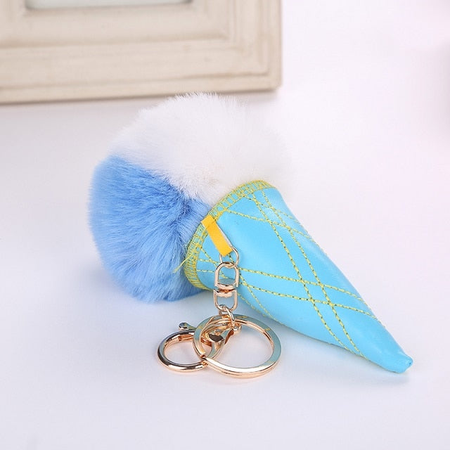 Ice Cream Keychain PU Leather Bag Key Chain Double Color Fur Ball Keychain Ice Cream Shaped Cute Car Key Chain Handbag Keyring