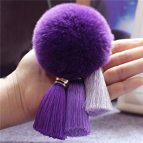 Fashion Women Faux Rabbit Fur Cony Hair Ball Pompom Charm Thrice Tassel Keychain Handbag Key Ring Pendant