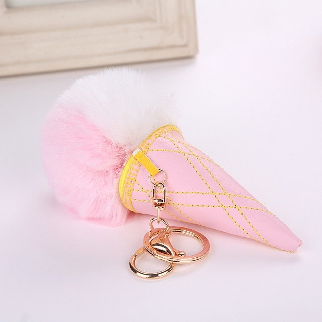 Ice Cream Keychain PU Leather Bag Key Chain Double Color Fur Ball Keychain Ice Cream Shaped Cute Car Key Chain Handbag Keyring