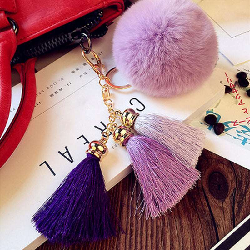 Fashion Women Faux Rabbit Fur Cony Hair Ball Pompom Charm Thrice Tassel Keychain Handbag Key Ring Pendant