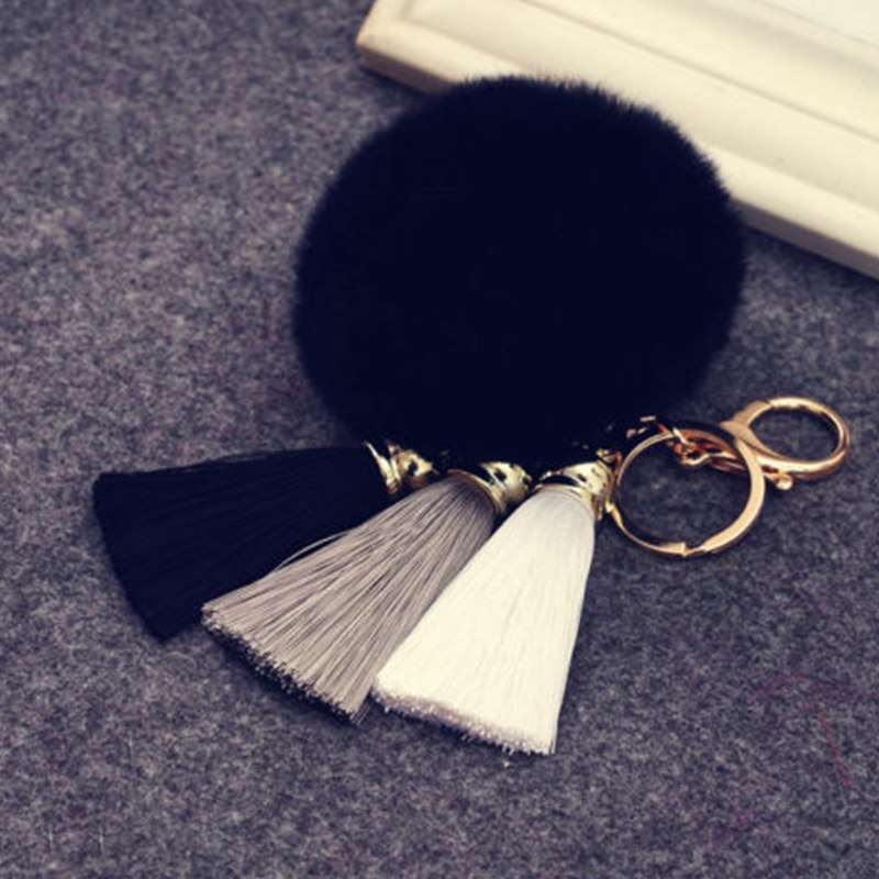 Fashion Women Faux Rabbit Fur Cony Hair Ball Pompom Charm Thrice Tassel Keychain Handbag Key Ring Pendant