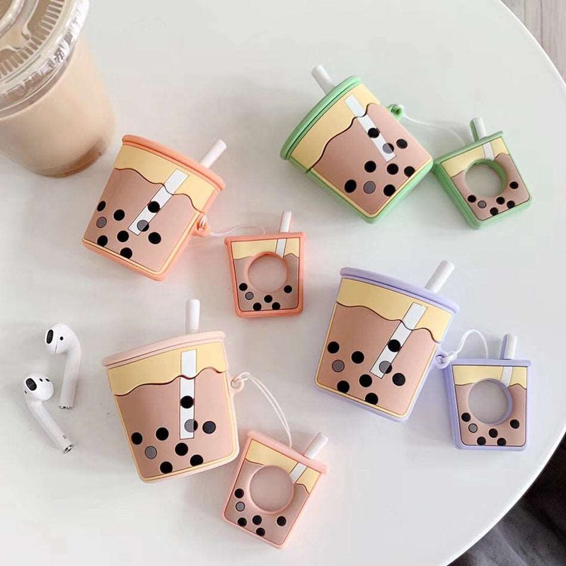 For AirPods Case Cartoon Cute Funny Milk Bubble Tea Drink Bottle Earphone Protect Cover For Airpods 2 with Finger Ring Strap