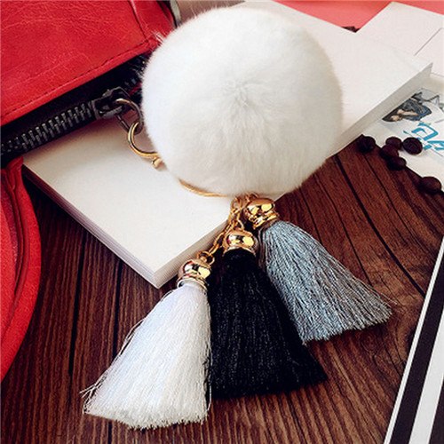 Fashion Women Faux Rabbit Fur Cony Hair Ball Pompom Charm Thrice Tassel Keychain Handbag Key Ring Pendant