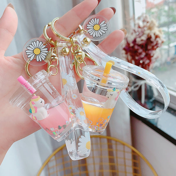 Glitter Quicksand Key Chain Liquid Floating Unicorn Keyring Keychain Bag Charm Milk Tea Cup Pendant Keyfob Gift for Women