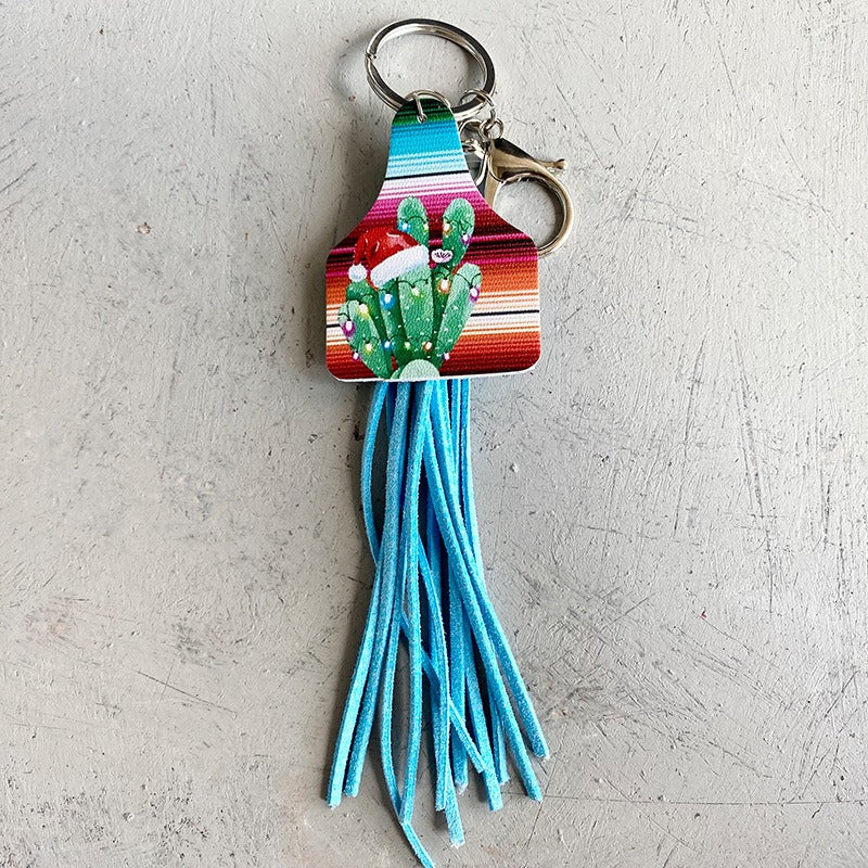 Western Style Leather Keychain Sun Flower Leopard Pattern Cow Brand Leather Tassel Handmade Popular Jewelry