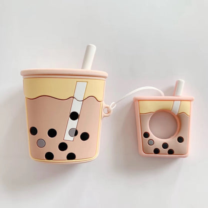 For AirPods Case Cartoon Cute Funny Milk Bubble Tea Drink Bottle Earphone Protect Cover For Airpods 2 with Finger Ring Strap