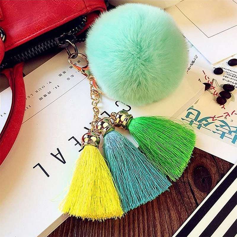 Fashion Women Faux Rabbit Fur Cony Hair Ball Pompom Charm Thrice Tassel Keychain Handbag Key Ring Pendant