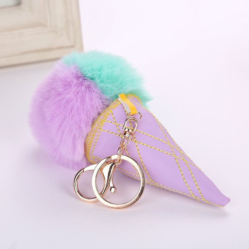 Ice Cream Keychain PU Leather Bag Key Chain Double Color Fur Ball Keychain Ice Cream Shaped Cute Car Key Chain Handbag Keyring