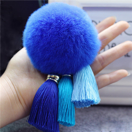 Fashion Women Faux Rabbit Fur Cony Hair Ball Pompom Charm Thrice Tassel Keychain Handbag Key Ring Pendant