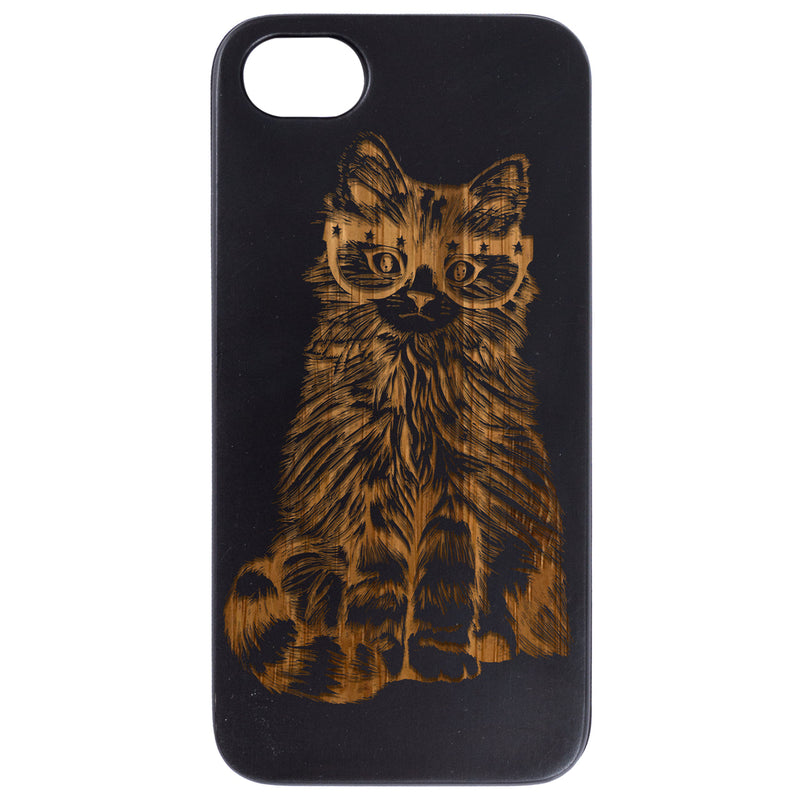 Fluffy Cat with Glasses - Engraved Wood Phone Case