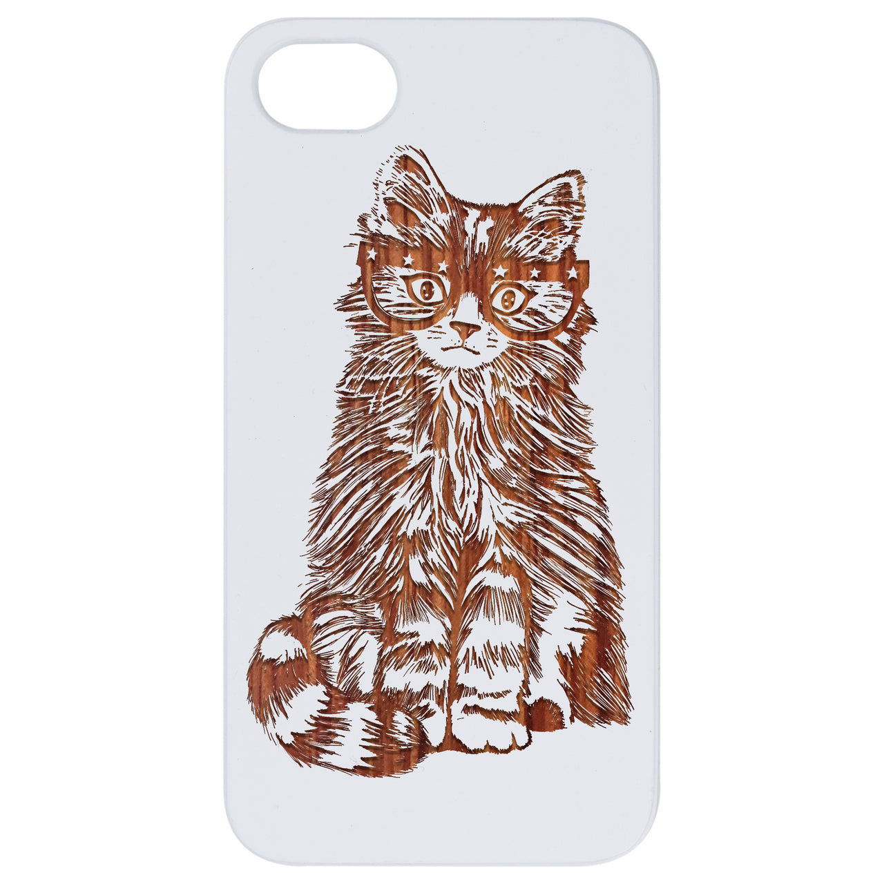 Fluffy Cat with Glasses - Engraved Wood Phone Case