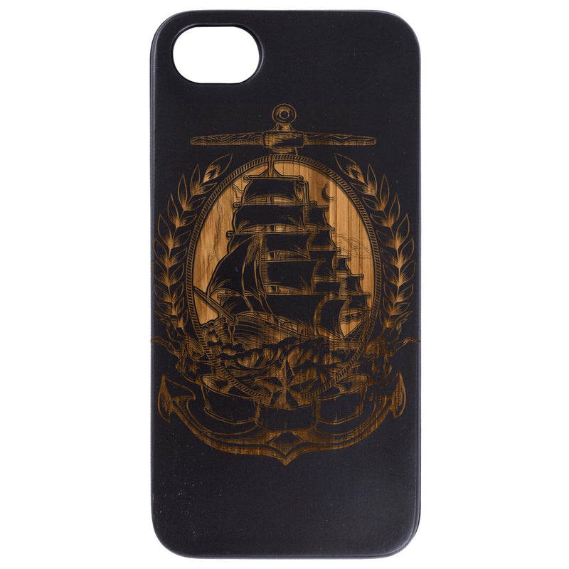 Pirate Ship in Crest - Engraved Wood Phone Case