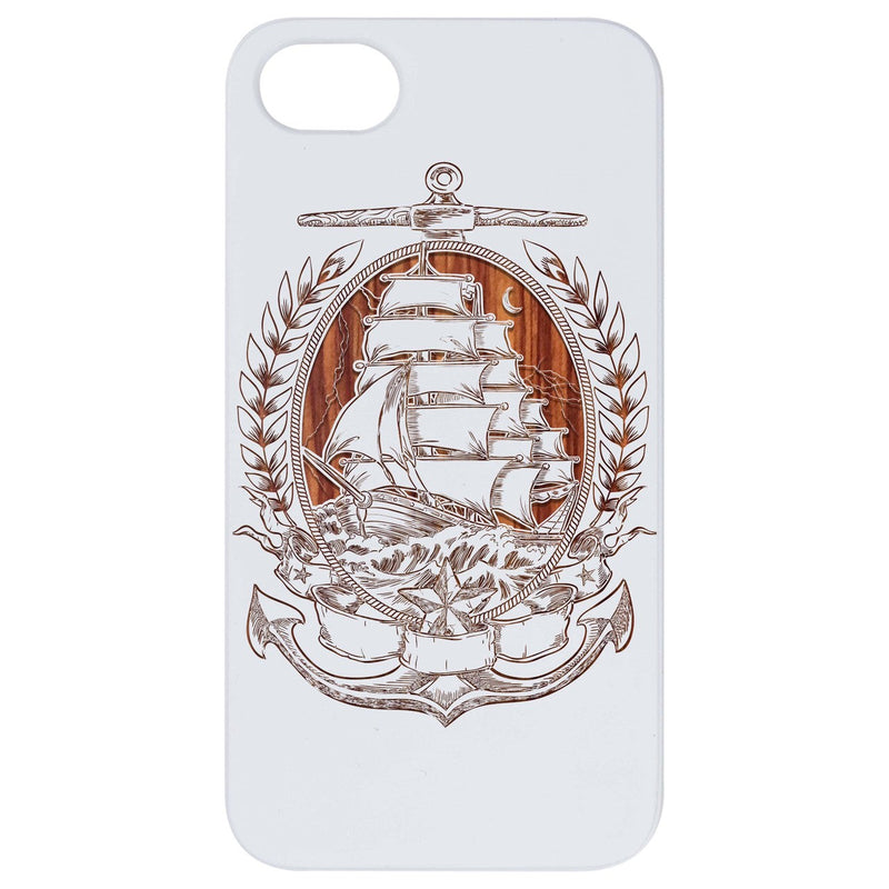 Pirate Ship in Crest - Engraved Wood Phone Case