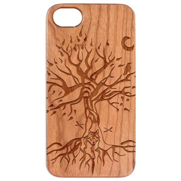 Tree with Wolf - Engraved Wood Phone Case