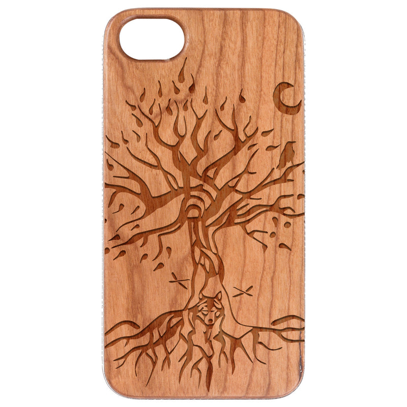 Tree with Wolf - Engraved Wood Phone Case