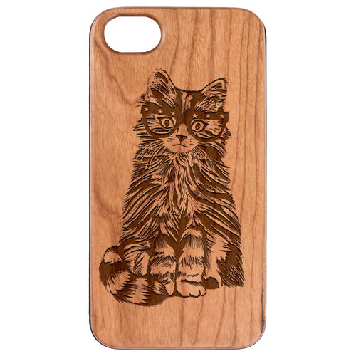Fluffy Cat with Glasses Engraved Wood Phone Case